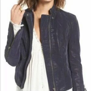 Free People Faux Leather Moto Navy Blue Jacket